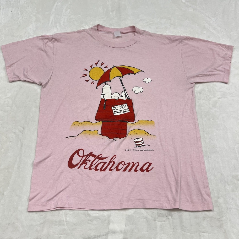 80s Peanuts Snoopy T-Shirt Unisex XL Pink Oklahoma Beach Graphic Tee Vintage